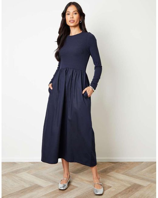 Threadbare Blue Rib Jersey 2-In-1 Midi Dress With Poplin Skirt