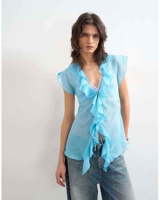 TOPSHOP Blue Ruffle V Neck Top