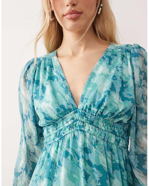 Lovedrobe Blue Long Sleeve Shirred Empire Waist Mini Dress