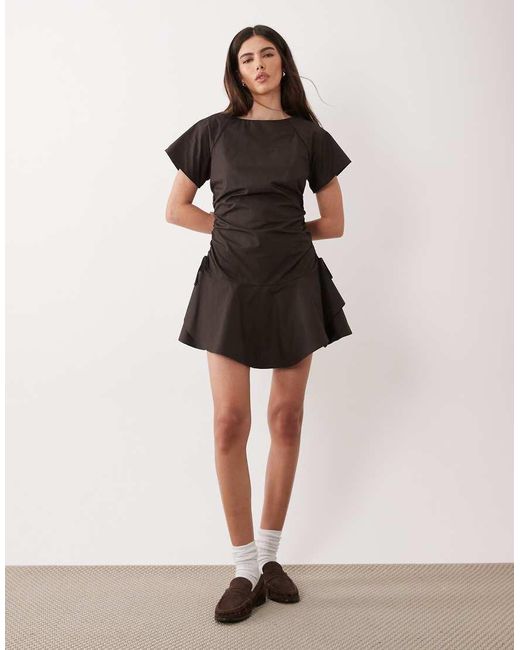 ASOS Black Short Sleeve Mini Dress With Ruching Tie Waist Detail