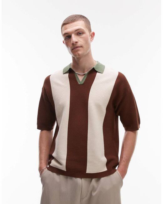 Topman Brown Colour Block Knitted Revere Polo for men