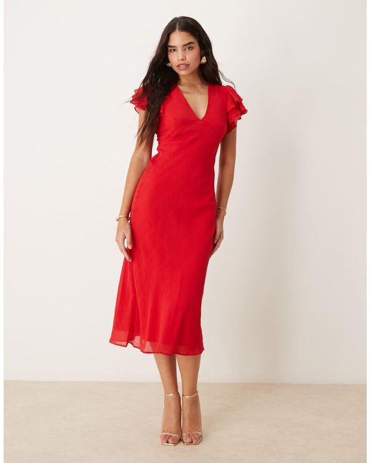 Nobody's Child Red Layla V Neck Midaxi Dress With Ruffle Shoulders