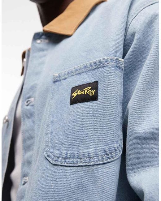 Stan Ray Blue Denim Button Up Utility Style Jacket With Contrast Collar for men