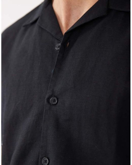 SELECTED Black Linen Blend Short Sleeve Shirt for men