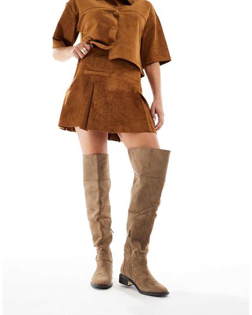 SEQWL Wide Fit Brown Latte Buckle Detail Over The Knee Boots
