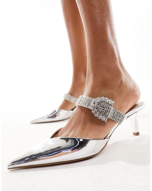 Mango White Heels With Diamante Buckle