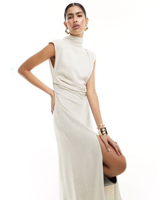 ASOS White Linen High Neck Grown On Sleeve Midi Dress With Open Back And Button Neck Detail