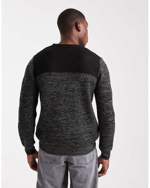 Brave Soul Black Crew Neck Knit Sweater With Contrast Panel for men