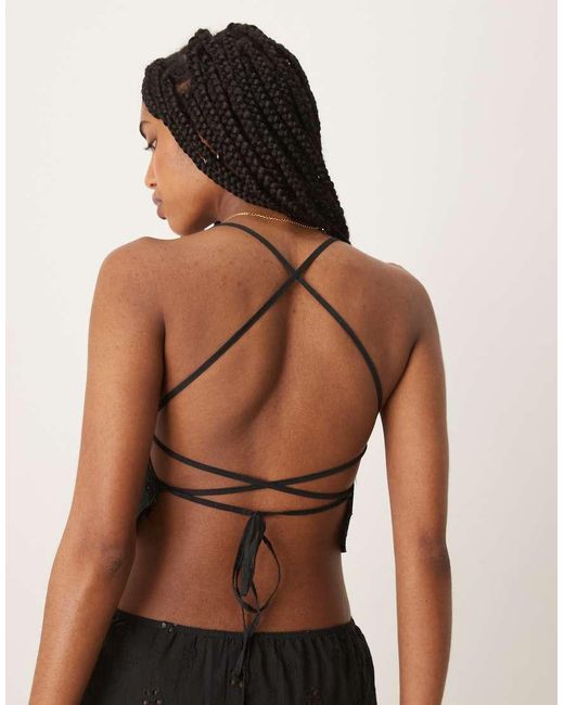 Motel Black Nobita Broderie Tie-back Cami Top