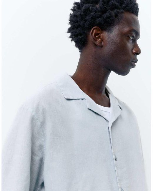 Pull&Bear Blue Short Sleeve Linen Blend Shirt for men