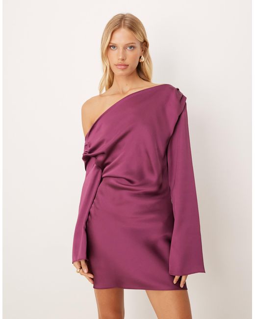 ASOS Pink Satin Drape Long Sleeve Off Shoulder Mini Dress