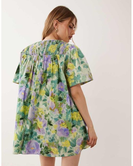 ASOS Natural Crew Neck Shirred Smock Mini Dress