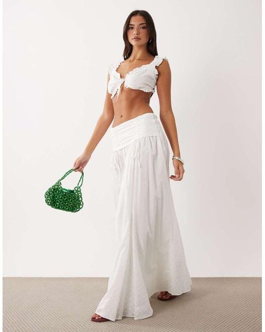 Wanderdoll White Emmy Cotton Broderie Off Shoulder Tie Front Bralette Top Co-ord