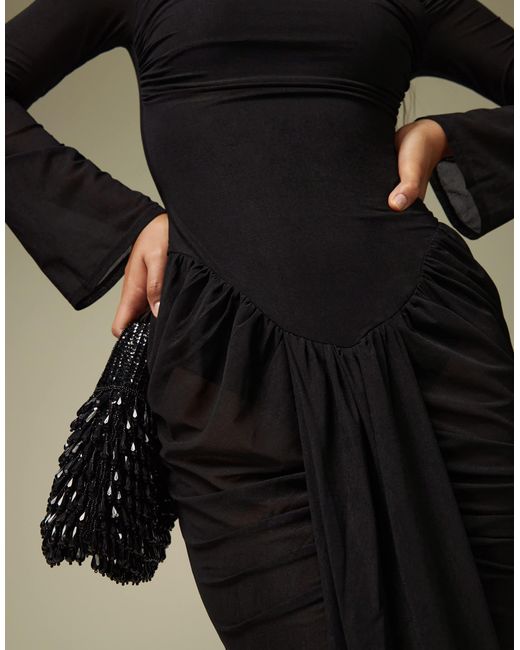 ASOS Green – extrem gerafftes es maxikleid aus stretch-chiffon mit body und hohem kragen