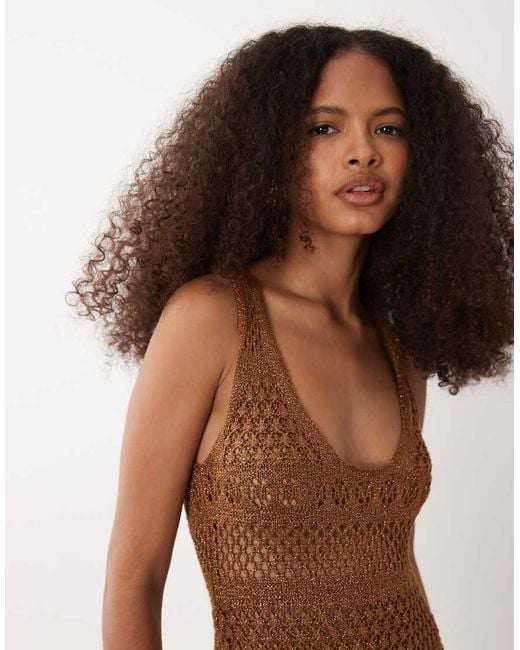River Island Brown Metallic Fringed Asymmetric Knitted Midi Dress