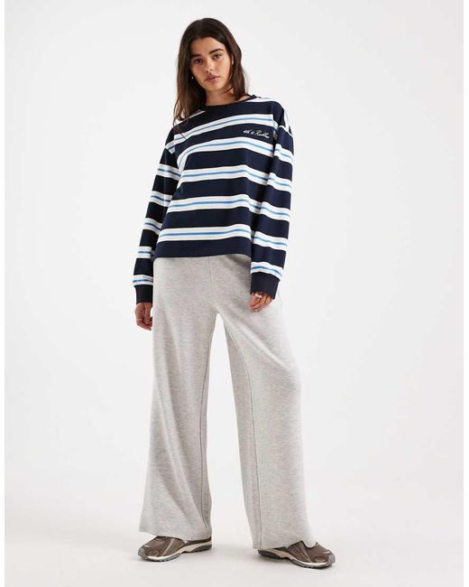 4th & Reckless Blue Cotton Rich Embroidered Logo Crew Neck Oversized Long Sleeve Oversized T-Shirt
