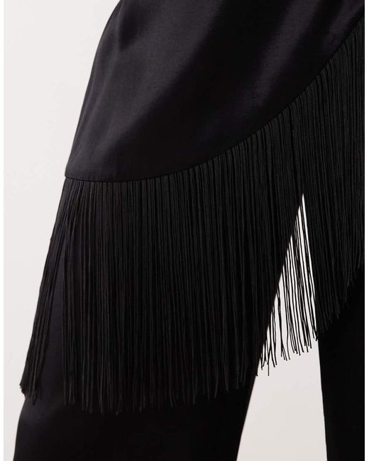 ASOS Black Satin Wide Leg Wrap Fringe Trouser