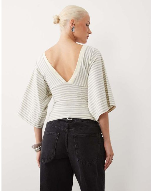 Gina Tricot White Deep V Neck Wide Sleeve Top