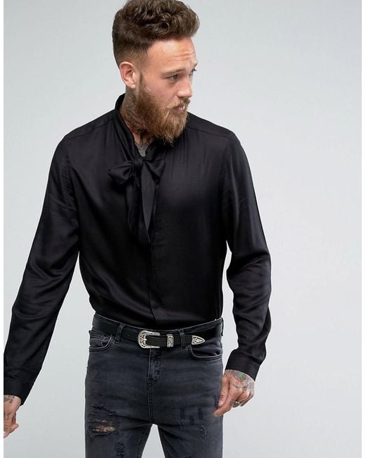 ASOS Black Regular Fit Shirt With Pussy Bow for men