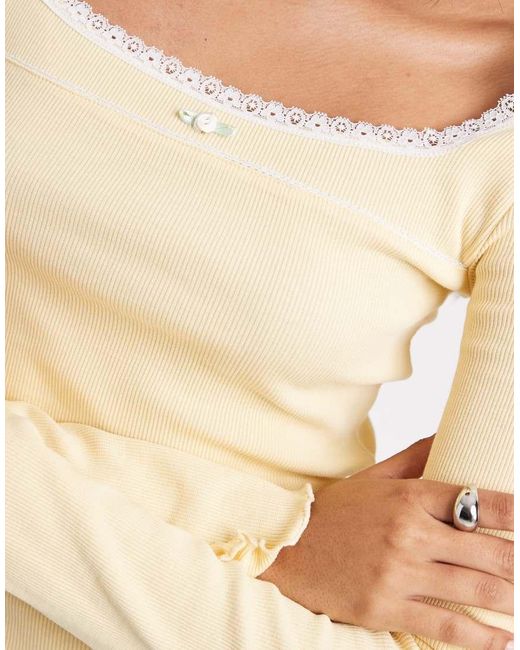 Miss Selfridge Natural Fitted Square Neck Rib Top With Lace Trim