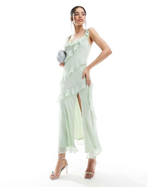 New Look Green Ruffle Asymmetric Midi Dress