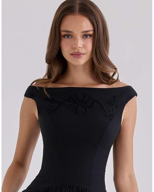 House Of Cb Black Lauren Custom Cotton Broderie Anglaise Boat Neck Maxi Dress