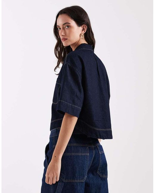 ONLY Blue Boxy Cropped Denim Shirt