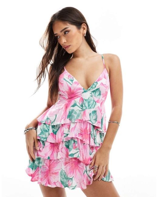 Hollister V Neck Spaghetti Strap Babydoll Tiered Mini Dress