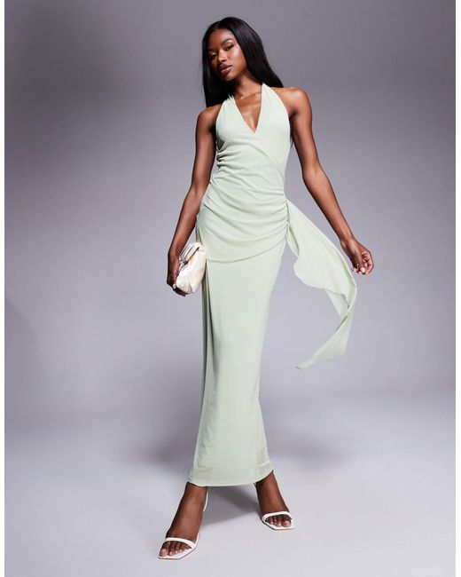 ASOS Purple Mesh Halterneck Midi Dress With Sweeping Sash Skirt