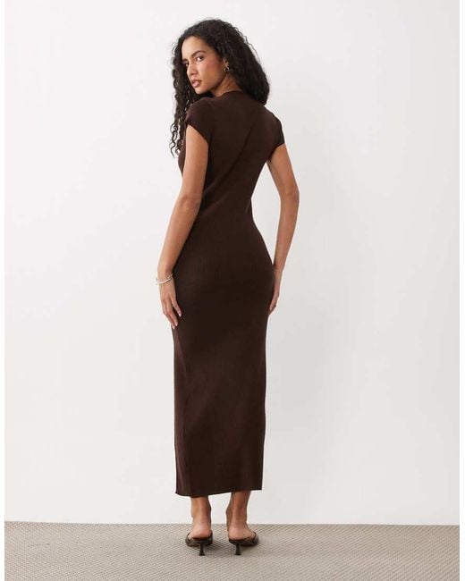 Miss Selfridge Brown Knitted Mandari Collar Midi Dress With Tie Side Detail