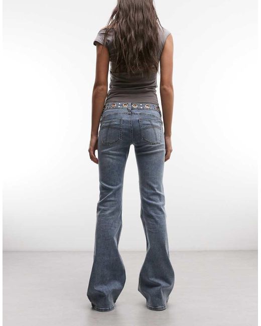 The Ragged Priest Blue Low Rise Flare Jeans With Grommet Waistband