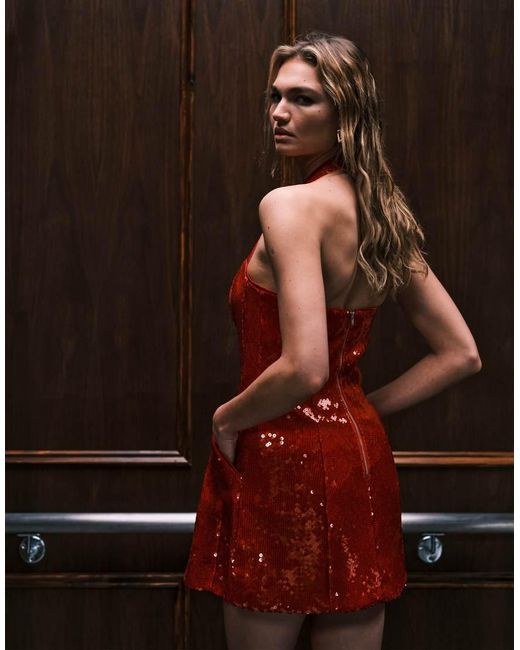 Bardot Red Nevelle Sequin Hourglass Halter Neck Dress
