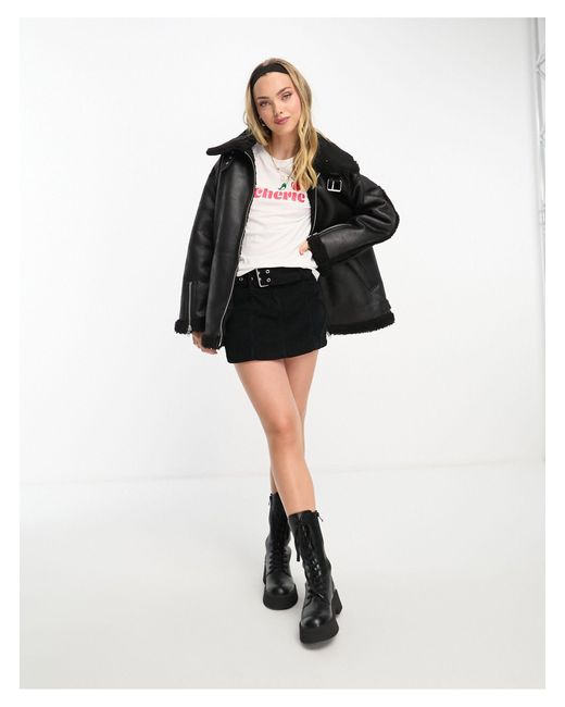 Monki Faux Leather And Shearing Aviator Jacket in Black | Lyst UK