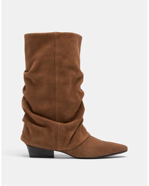 Stradivarius Brown Flat Leather Slouchy Joots