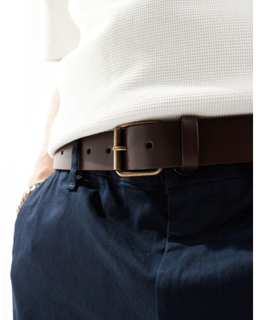 ASOS Blue Leather Belt With Burnished Gold Roller Buckle for men