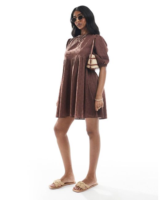 Wednesday's Girl Brown Puff Sleeve Dobby Smock Mini Dress