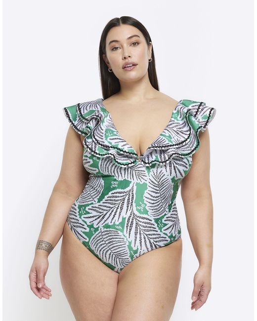 River Island Blue Tropical Print Frill Swimsuit