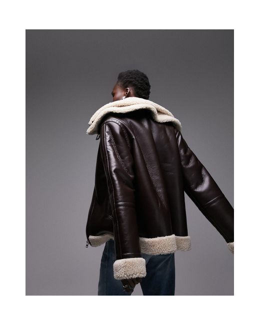 TOPSHOP Black Faux Leather Shearling Zip Front Oversized Aviator Jacket With Double Collar Detail