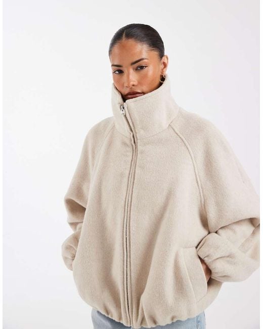 ASOS Natural Asos Design Petite Funnel Neck Bubble Hem Jacket With Wool