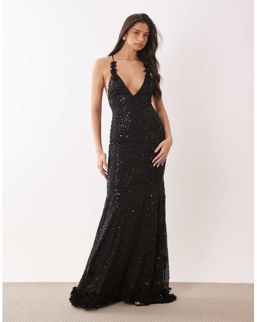 Oh Polly Black Premium Embellished Plunge Tie Back Floral Detail Maxi Dress