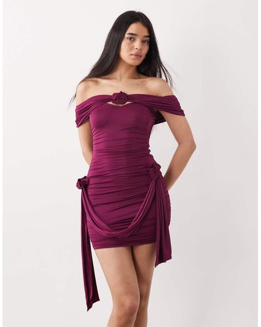 Oh Polly Purple Off Shoulder Rosette Ruched Bodycon Mini Dress With Drape Detail