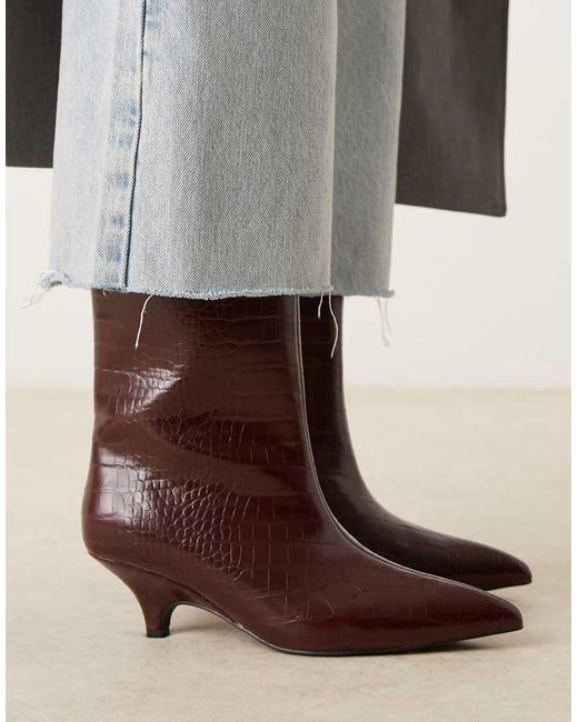 Glamorous Brown Pointed Kitten Heel Mid Ankle Boots