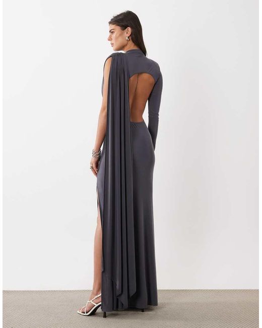 ASOS Gray One Shoulder Slinky Maxi Dress With Sweeping Sash Detail