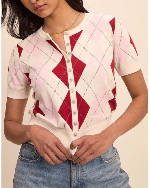 Nobody's Child Multicolor Argyle Check Short Sleeve Cardigan