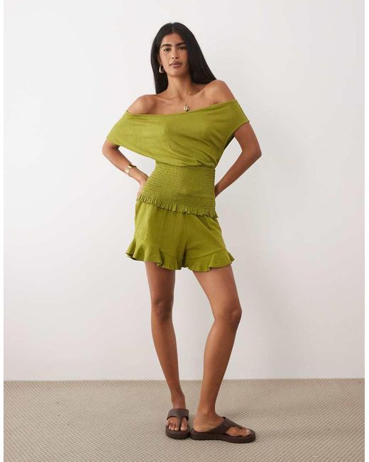 ASOS Green Mix & Match Crinkle Shirred Off Shoulder Top