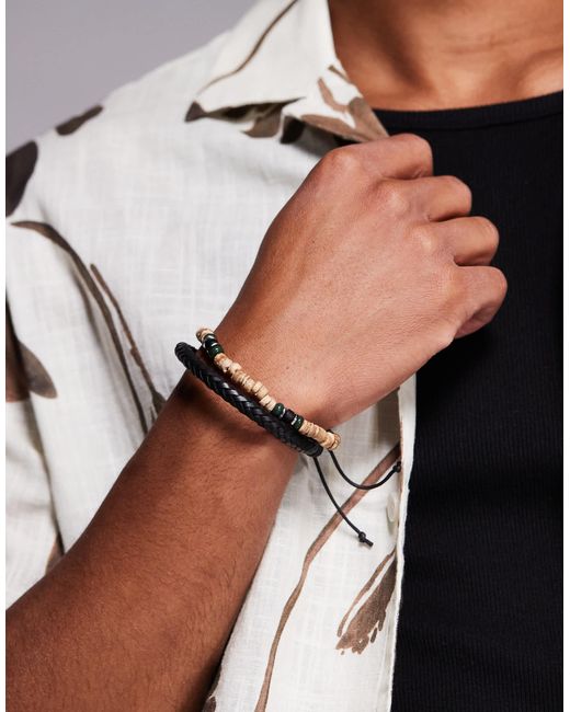 ASOS Black Festival Leather And Wood Beaded 2 Pack Bracelet for men