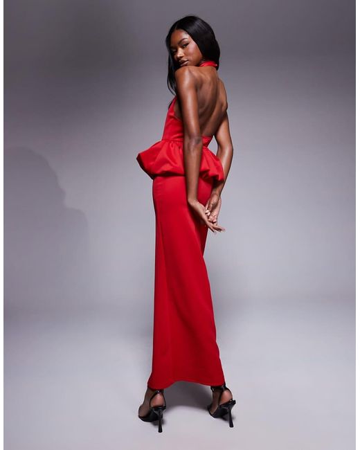 ASOS Red Scuba High Neck Puff Peplum Midi Dress