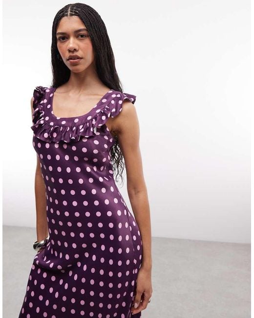 Reclaimed Vintage Purple Maxi Satin Tea Dress With Frill Neck