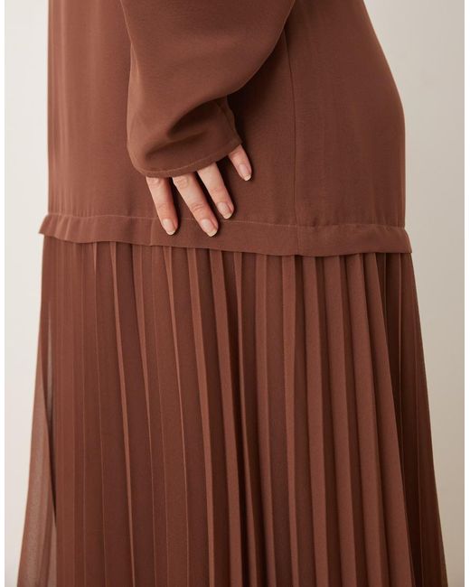 ASOS Brown Asos Design Curve Long Sleeved Pleated Skirt Maxi Dress