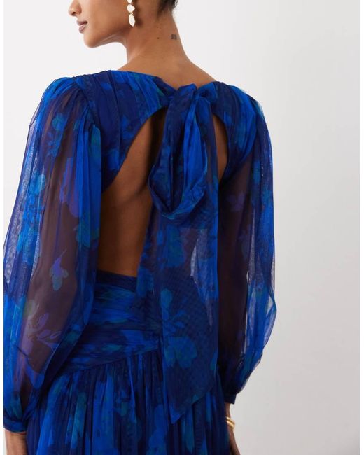 LACE & BEADS Blue Tulle Plunge Drop Hem Open Back Maxi Dress